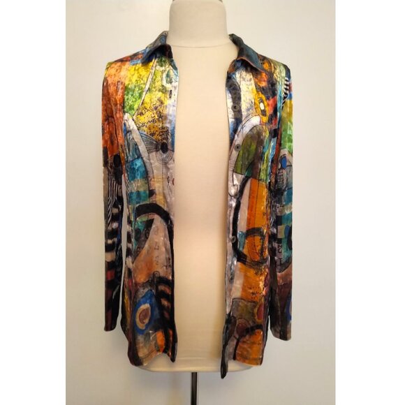 RARE!! Vintage Dolcezza Simply Art Artsy Velvet Painting Print Button Up Shirt - Picture 6 of 16